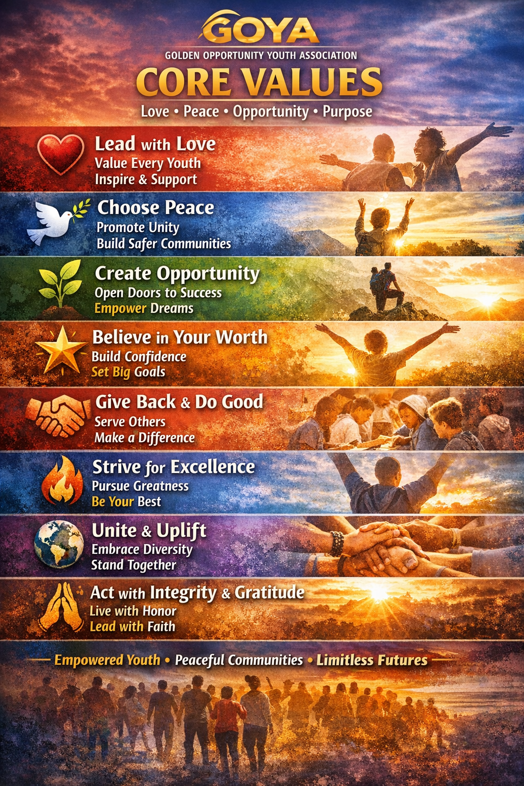 GOYA Core Values: Love, Peace, Opportunity and Purpose